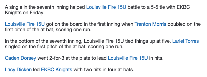 #15uClassic - EKBC Knights and Louisville Fire tie, 5-5.  Lariel Torres' 2 out RBI 1B in the B7 tied the game.  EKBC Knights took the lead in the 6th with3 runs. 3BBs then a 2 out 3B by Mason Amburgey to clear the bases and take the lead...however short lived.  #FunGame