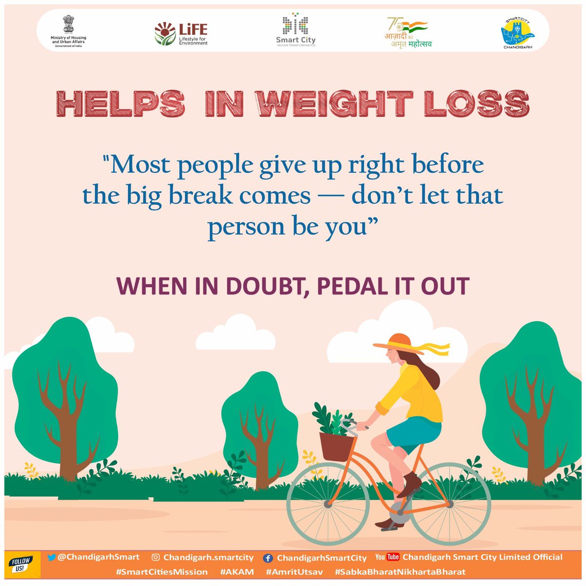 Cyclings helps in weight loss. Most people give up right before the big break comes - don't let that person be you !!

#ChandigarhSmartCity #cyclinglife #cycling #SmartCityChandigarh #SmartCitiesMission #AKAM #AmritUtsav #SabkaBharatNikhartaBharat #WorldBicycleDay2023