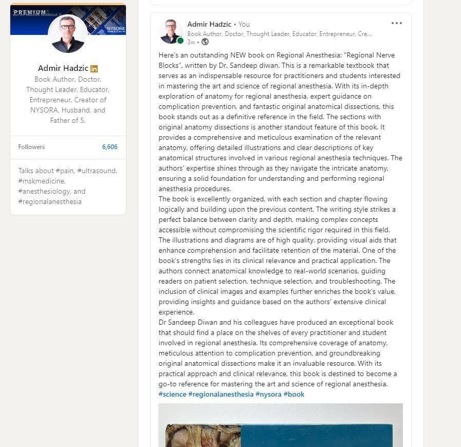 @DrBluesNYC review on the regional anesthesia book by Dr Sandeep Diwan ! A treasure and a treat for all regional anesthesia enthusiasts . @tsmurali @vedhika_shanker @vrushali_ponde @BalavenkatSubr1 @thisgirlblocks @tvsgopal @AoraIndia @DrDiveshArora