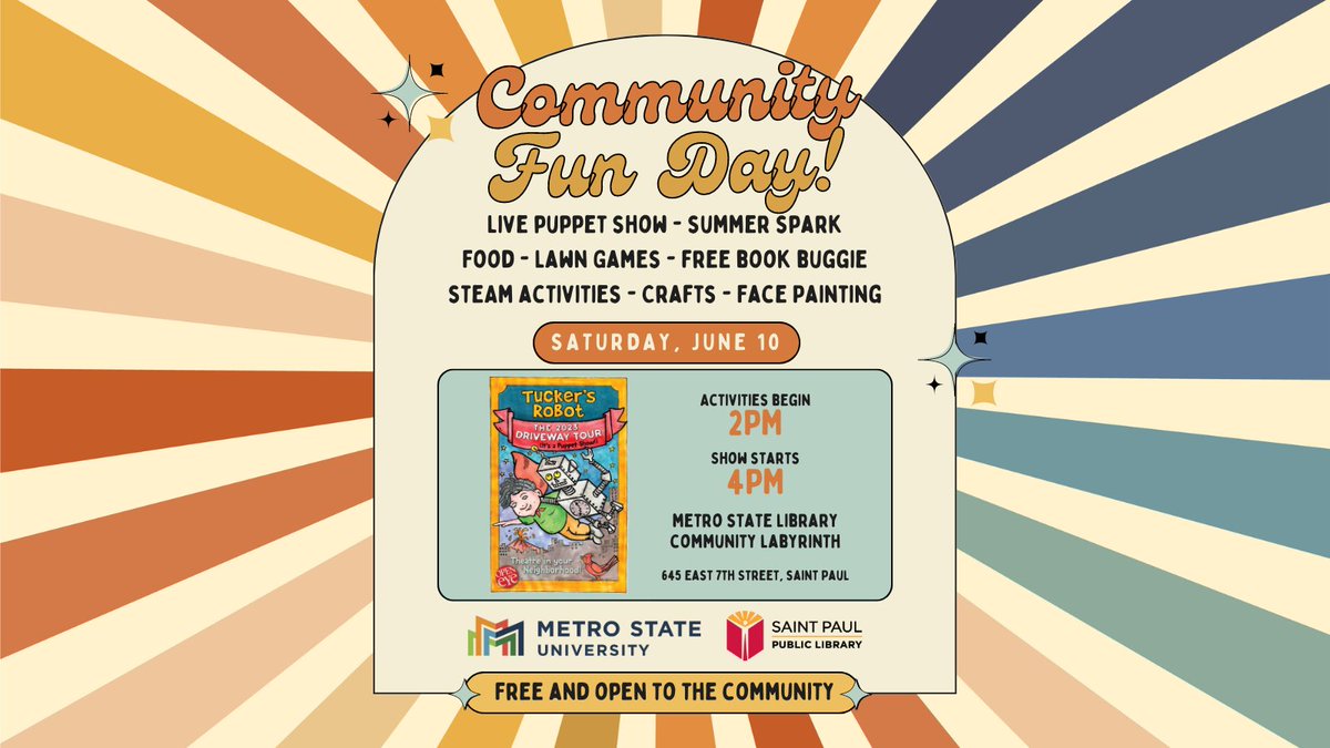 metrostatelib's tweet photo. Join us and @stpaullibrary at 2:00 p.m. tomorrow for arts and crafts, an @OpenEyeTheatre puppet show, and other free and fun family activities. 😃This event is rain or shine and will move indoors if needed. Location updates will be posted here: https://t.co/6HpWuBhlC5 https://t.co/wsc5FAwBNe