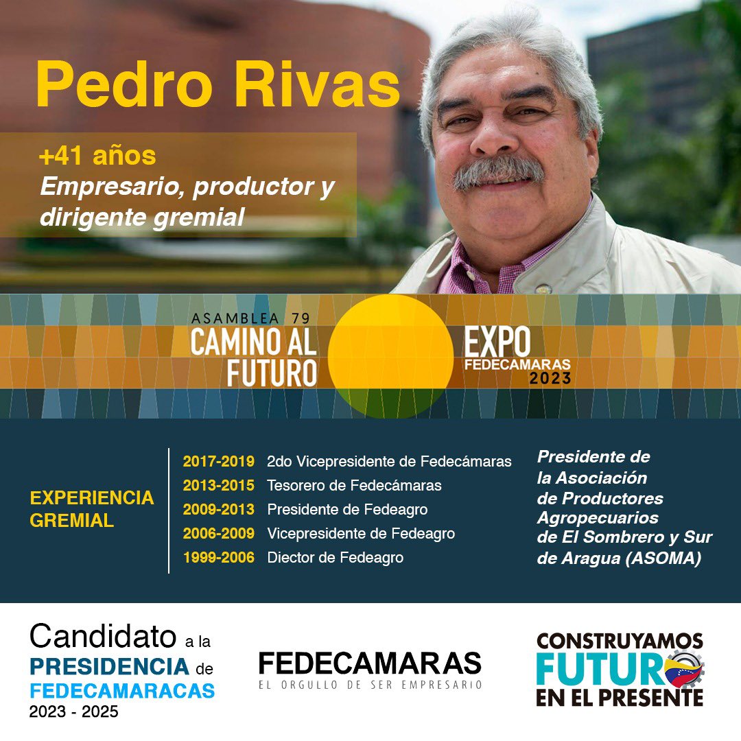 pedrorivasi's tweet photo. El sector empresarial necesita hoy más que nunca al brazo político que representa Fedecámaras.Como candidato a la presidencia de Fedecámaras, llevo una experiencia como gremialista de más de 41 años que complementa mi  trayectoria como empresario y productor
#LasCámarasBaseEligen https://t.co/GQfAFtqbcH