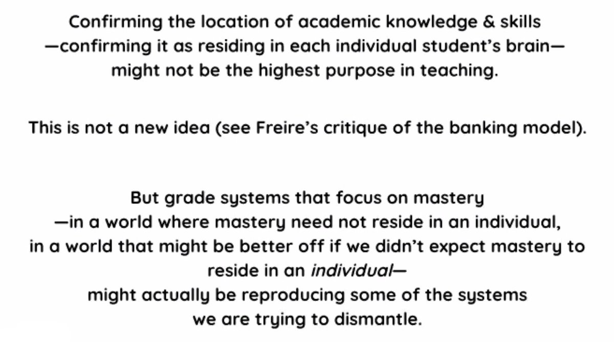 We're still sitting with this set of ideas from @lindsaymasland's keynote: *Should* grading systems even be measuring "mastery"? The best keynotes really make us interrogate our own assumptions &amp;/or the systems in which we function. #TheGradingConference #TeamBurnItAllDown