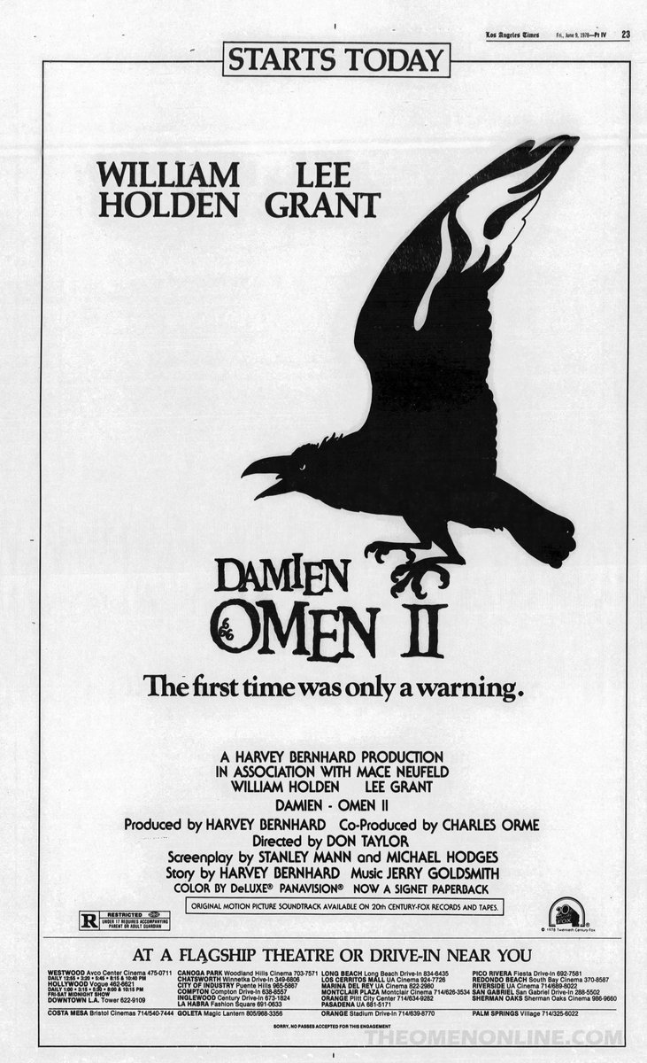 TheOmenOnline's tweet photo. 45 years ago today! DAMIEN—OMEN II opened in wide release on June 9, 1978. This full page ad ran in the Los Angeles Times: STARTS TODAY #Damien #TheOMEN #Damien45th #TheFirstTimeWasOnlyAWarning #45thAnniversary https://t.co/wiH0sReW95