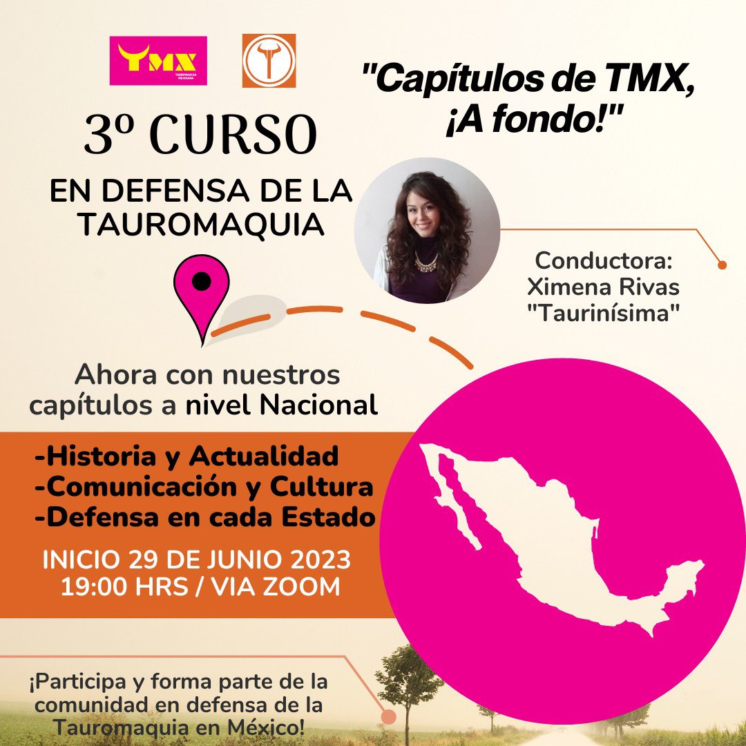 TauromaquiaTMX's tweet photo. 📍Conoce cómo se ha defendido la #tauromaquia en cada rincón del país. 

TMX y @taurinisimaa te invitan al 3er Curso en Defensa de la Tauromaquia. “Capítulos TMX ¡A Fondo!

Este 29 de junio a las 19:00hrs/hr CDMX vía #zoom , espera mayor información en nuestras redes sociales. https://t.co/l116hLIljY