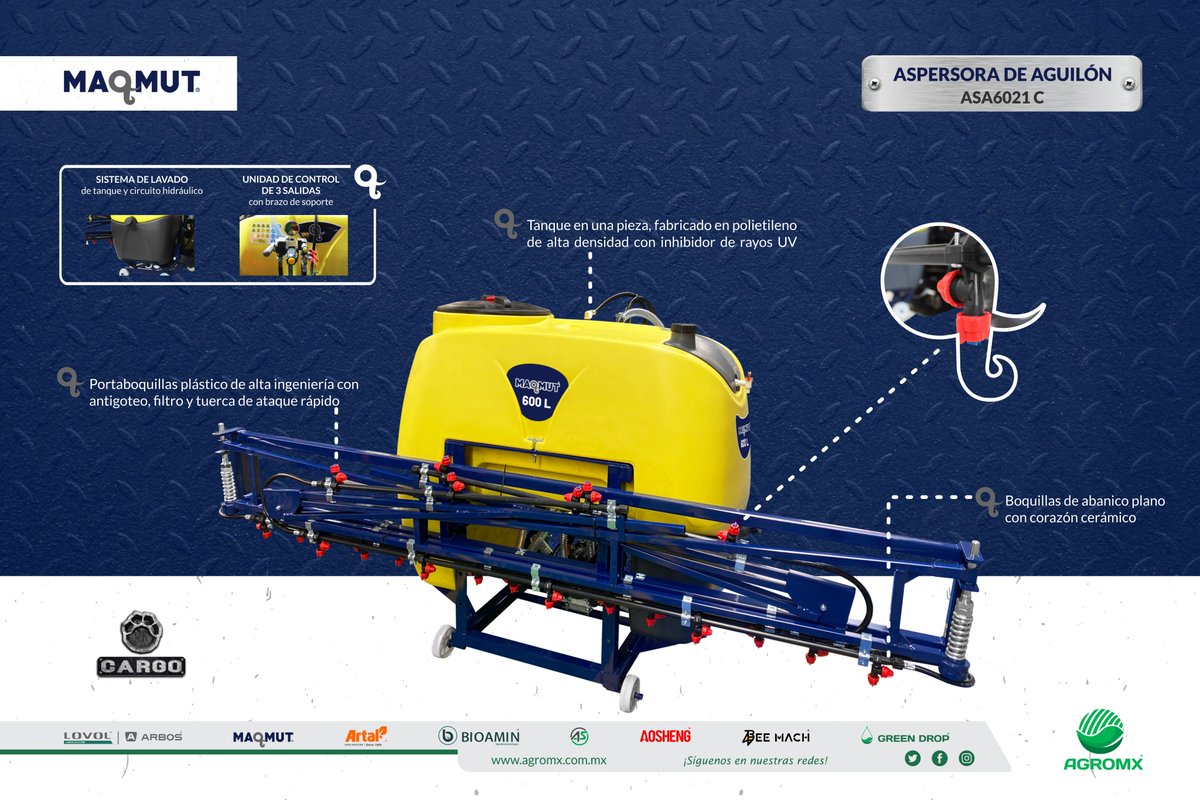 GrupoAgromx's tweet photo. En grupo #AGROMX te presentamos la #aspersora de aguilón de nuestra marca #MAQMUT modelo #ASA6021 C de alta eficiencia y rendimiento ✅
Su diseño la convierte en un #implemento ideal para aplicaciones pre-emergentes, herbicidas, insecticidas y fertilizantes foliares🌱 https://t.co/aGUyQPYblZ