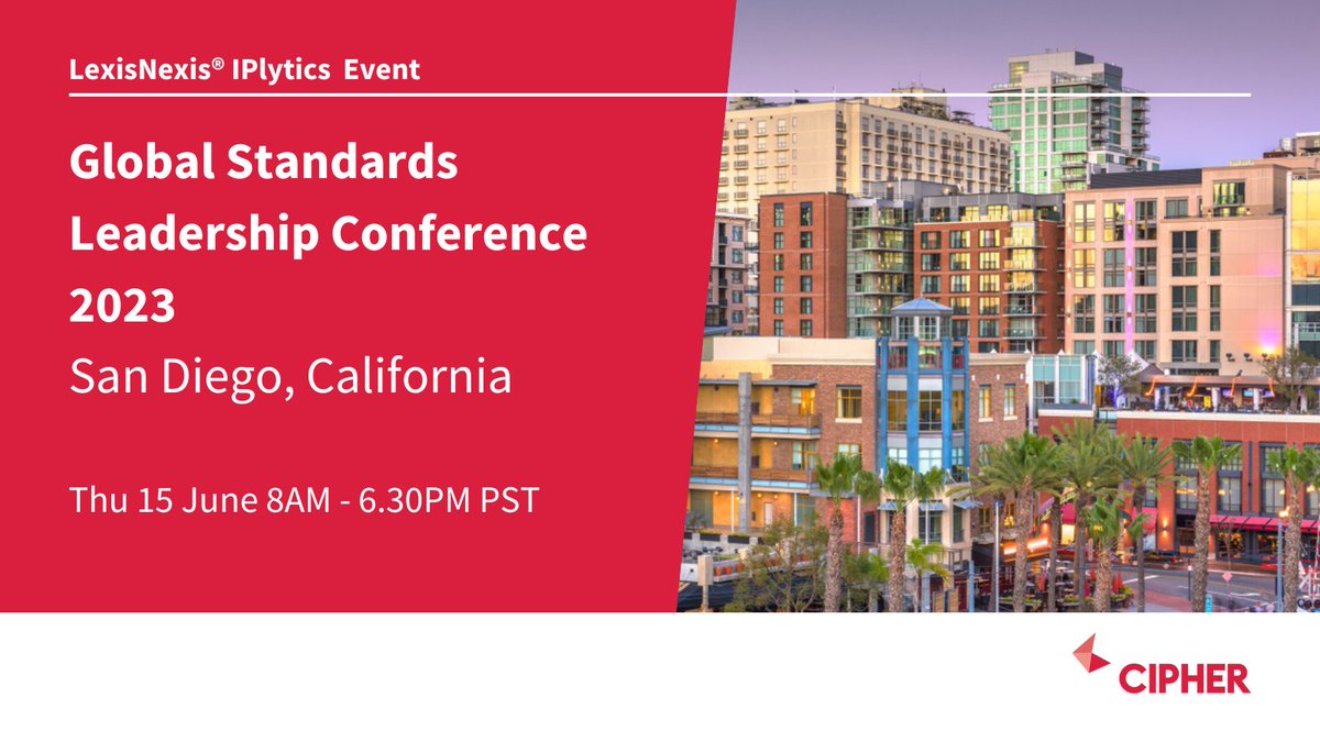 cipher_ai's tweet photo. We'll be staying around in San Diego following #IPBCGlobal by attending the Global Standards Leadership Conference 2023 hosted by @IPlytics. Our Head of Risk and our Head of Marketing will be attending. Book in a meeting: https://t.co/qyl29D1Dxn #patents #AI #patentsearch https://t.co/QKjVHPDuJ9