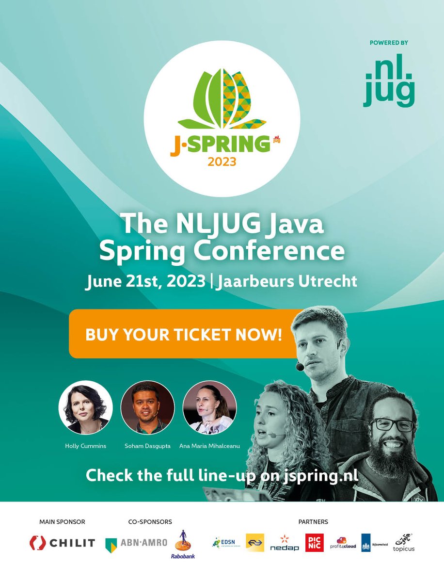 nljug's tweet image. 🚀 Join the ultimate Java developer conference on June 21st @jaarbeurs Utrecht! J-Spring features 2 keynotes and 20 sessions with top industry experts from all around the world. Don't miss out, get your tickets now at JSpring2023.eventbrite.nl #JSpring #JavaDevelopers #NLJUG