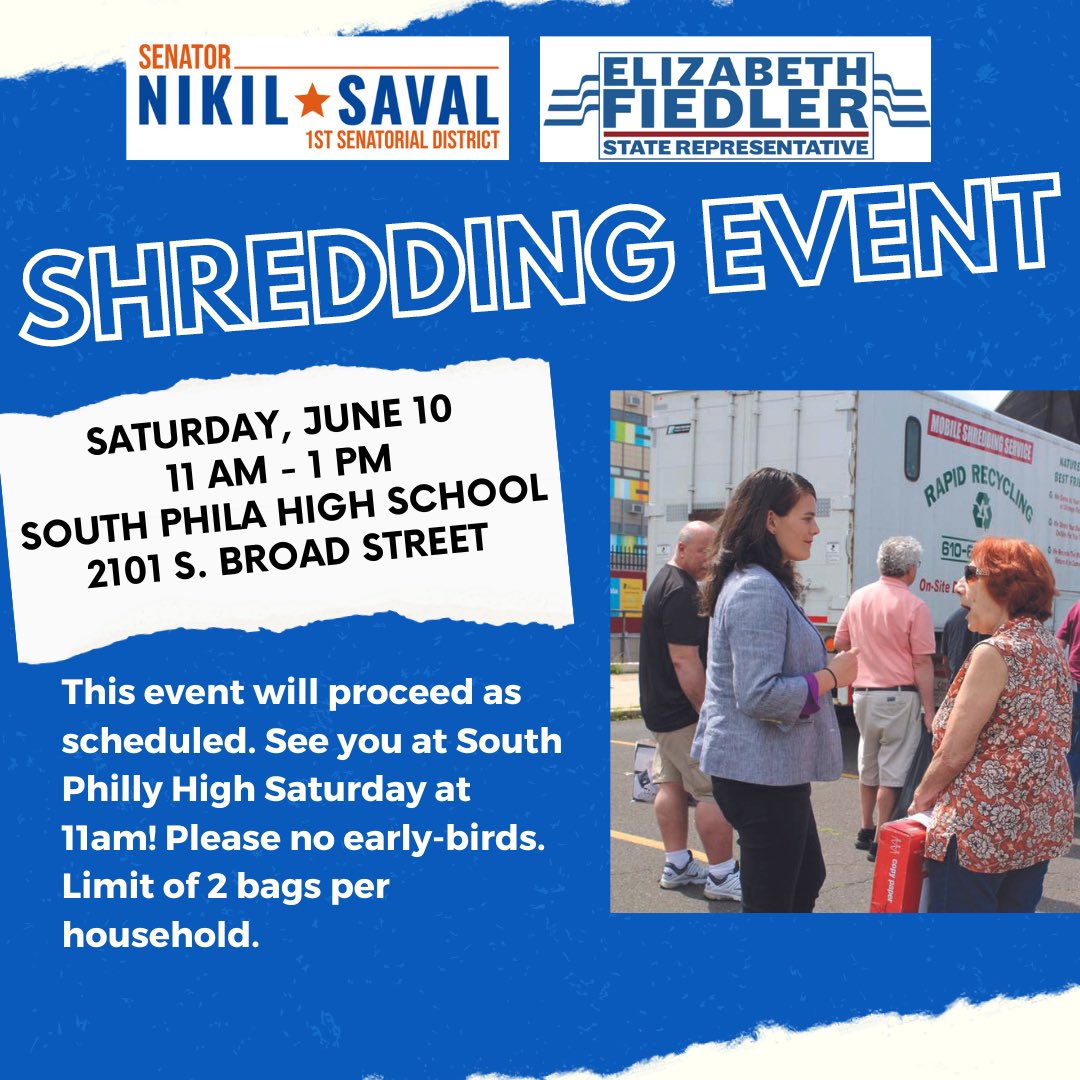 RepFiedler's tweet image. Our shredding event tomorrow is ON! We will see you at South Phila High School from 11am to 1pm. Limit of 2 bags per household. See you soon!