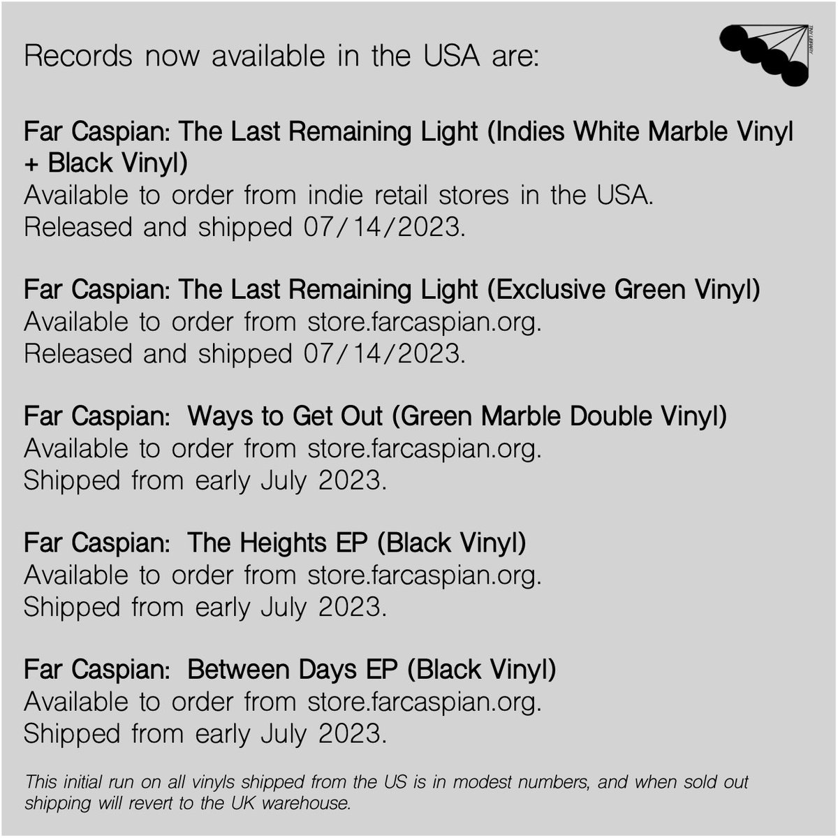 Good News! My vinyl records are now being shipped from the USA.  Available here: music.farcaspian.org/links?fbclid=P…