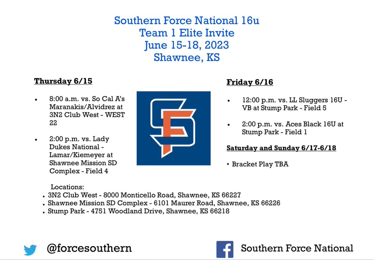 ForceSouthern's tweet image. 📌Excited for our first event of the summer @Team1_fastpitch in Kansas City!  Come out and see this exciting group of 2024’s and 2025’s 🥎