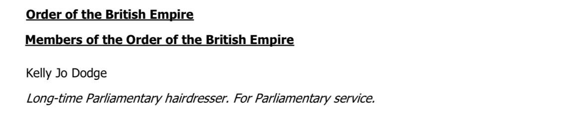 PolitlcsUK's tweet photo. 🚨 | BREAKING: Boris Johnson has given an OBE to his... hairdresser

Apparently, it's for "parliamentary service" https://t.co/jZjXV0tlL7