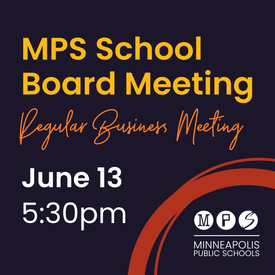 🧵(1/2)

A regular business meeting of the MPS School Board has been noticed.

🗓: June 13
⏰: 5:30pm
📍: 1250 West Broadway Ave., Mpls