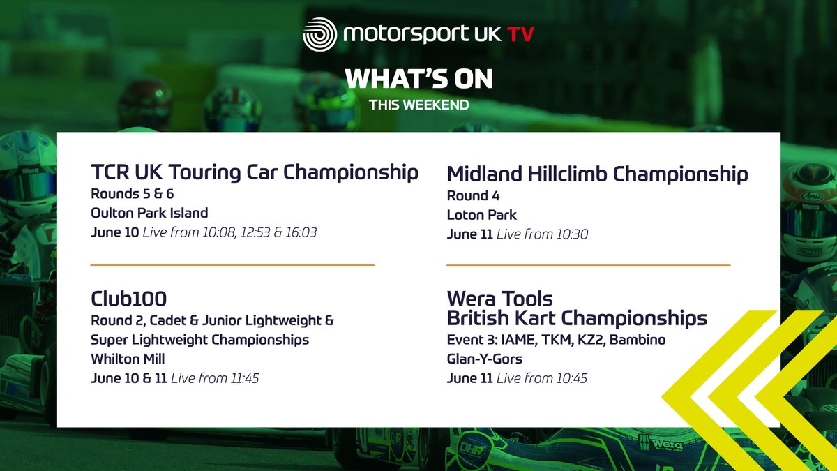 ✳️ @TCRUK_series 
✳️ <a href="/Club100racing/">Club100 Racing</a>
✳️ <a href="/HillClimbUK/">HillClimb UK</a>
✳️ <a href="/BritKartChamps/">Wera Tools British Kart Championships</a>

All live on #MotorsportUK TV this weekend 👌

📺 motorsportuk.tv/video_category…

#motorsport #TCRUK #hillclimb #karting