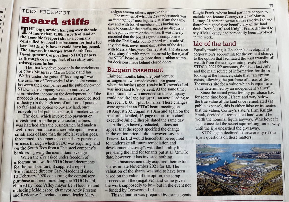 A knighthood is a bauble - though the King won’t like knighting Rees-Mogg, who lied to his late mother.

But a peerage means serious power for Ben Houchen, who has used Sunak’s #freeports to purloin public assets and poison the sea.

#HoLAC, please act.

Private Eye has the dirt.