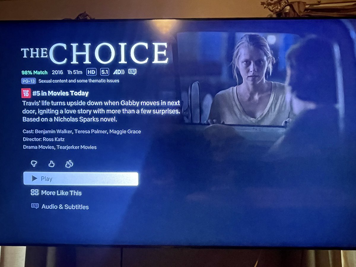 VickiethomasWWJ's tweet image. I’m a new fan of @rossakatz!! I watched “The Choice” on @netflix and it’s now one of my all-time favorite love stories, joining #Somewhereintime, #Lovestory and #Mahogany!  Acting by @teresapalmer and @FindtheWalker was outstanding!  I had the best cry!! #LoveWins!!