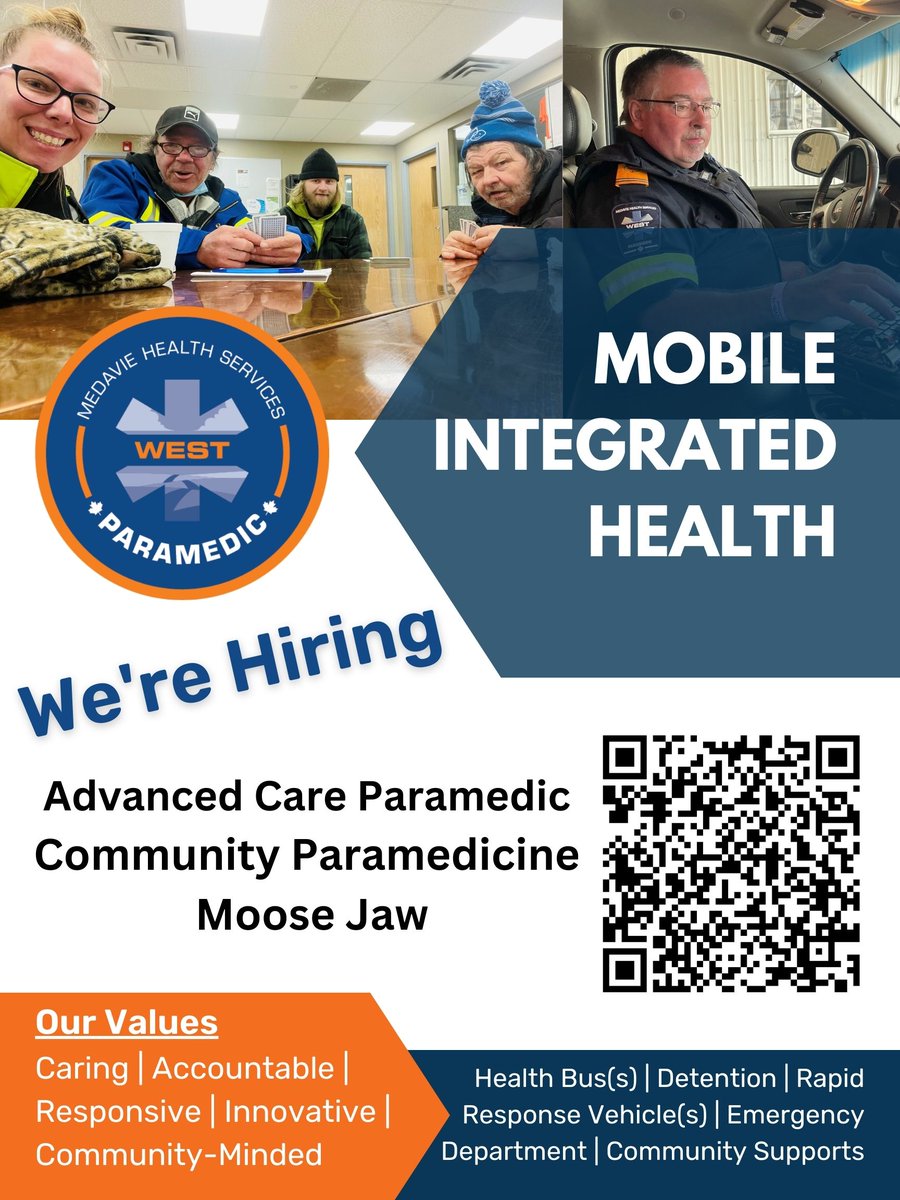 MHSW_MIH's tweet photo. Check out this great opportunity to join our @MooseJawEMS #CommunityParamedicine team!

We're looking for a casual ACP with an Advanced Certificate in Community Paramedicine (other relevant training will be considered) to help support our existing team.

https://t.co/1Dlaa7dw30 https://t.co/2hx34bZnxx