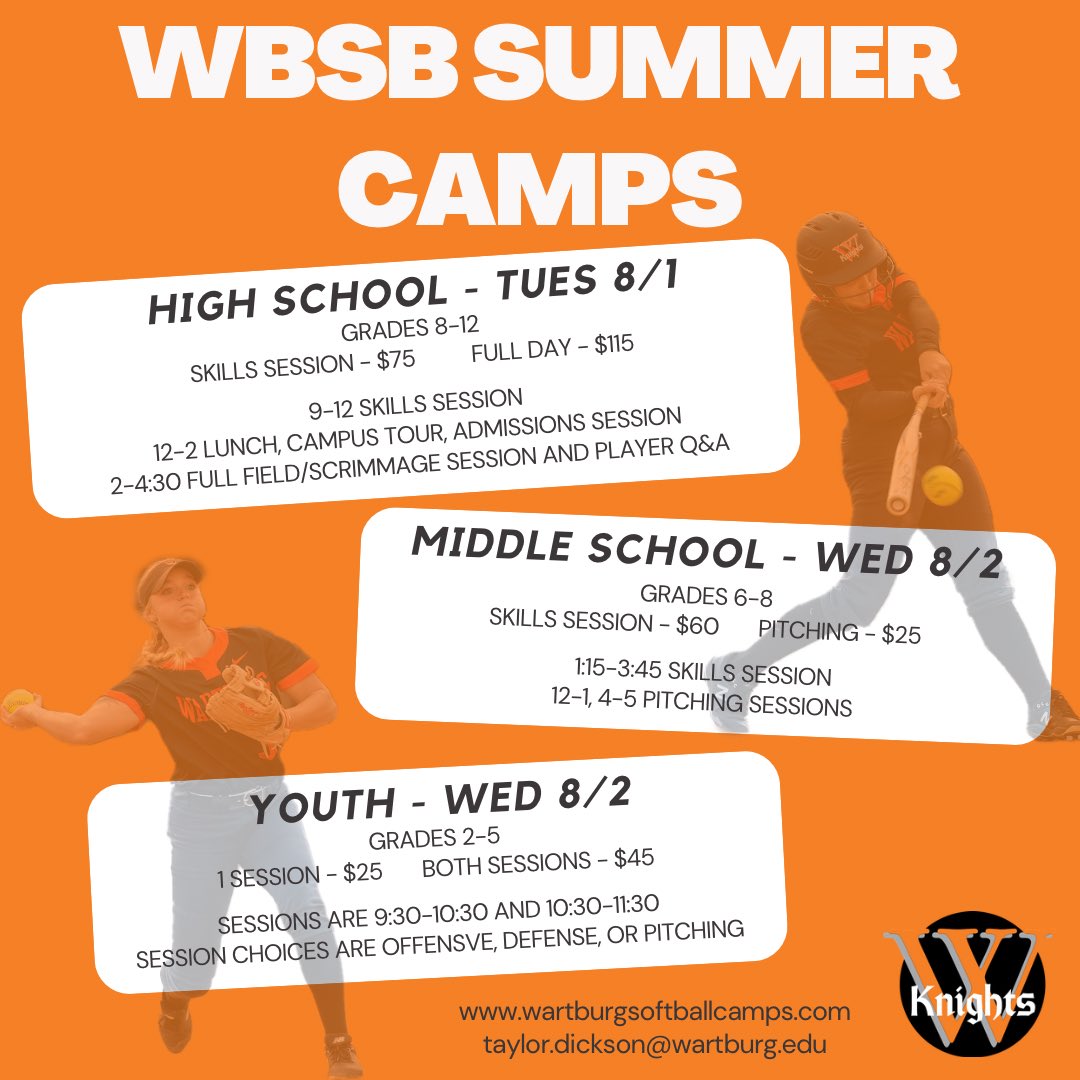 SUMMER CAMPS ANNOUNCED! Opportunities for all ages. Go to wartburgsoftballcamps.com for more info and to register