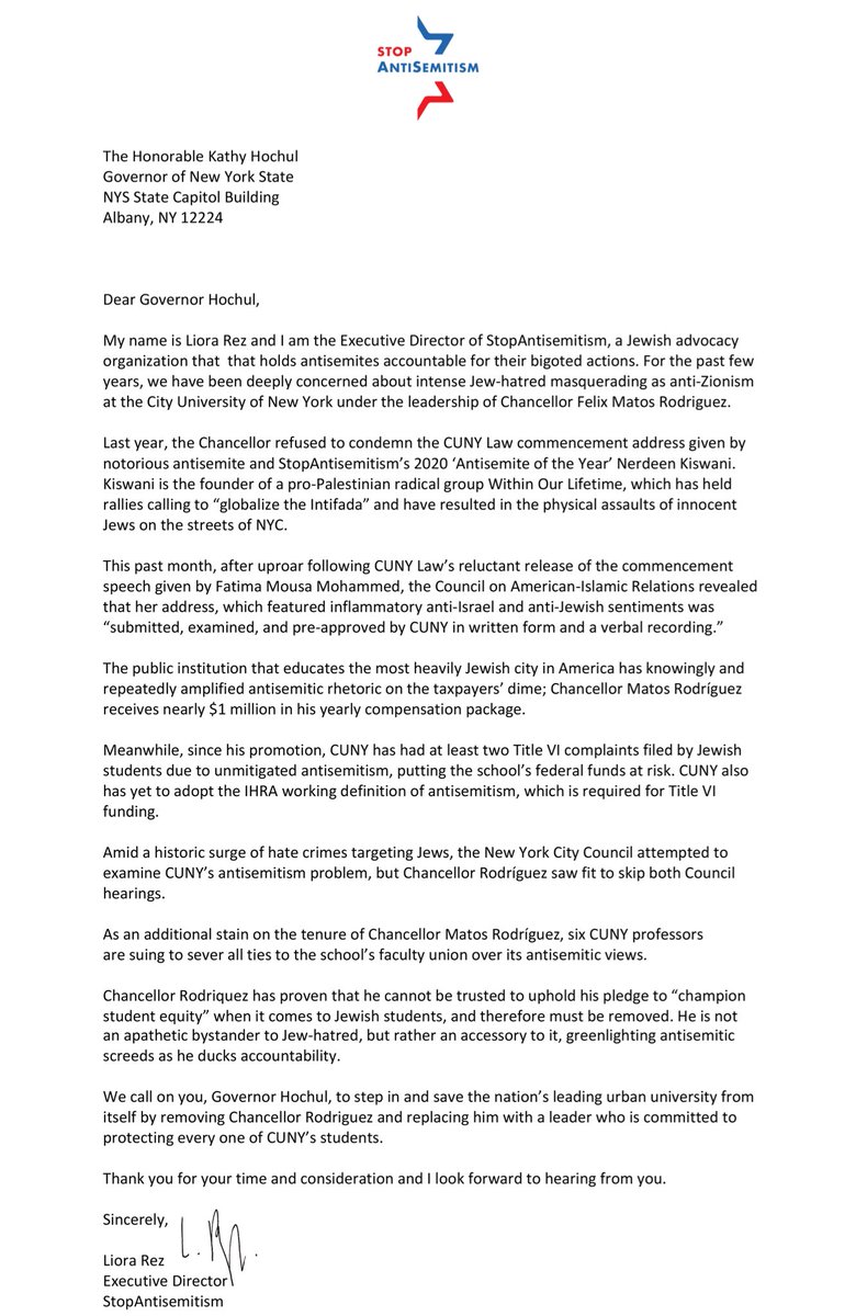 StopAntisemites's tweet image. StopAntisemitism's Executive Director has reached out to New York Governor Kathy Hochul requesting she remove CUNY Chancellor Matos Rodríguez from his position.

Jew hatred at CUNY has spiraled out of control under his watch - CUNY Jewish students and faculty deserve better!