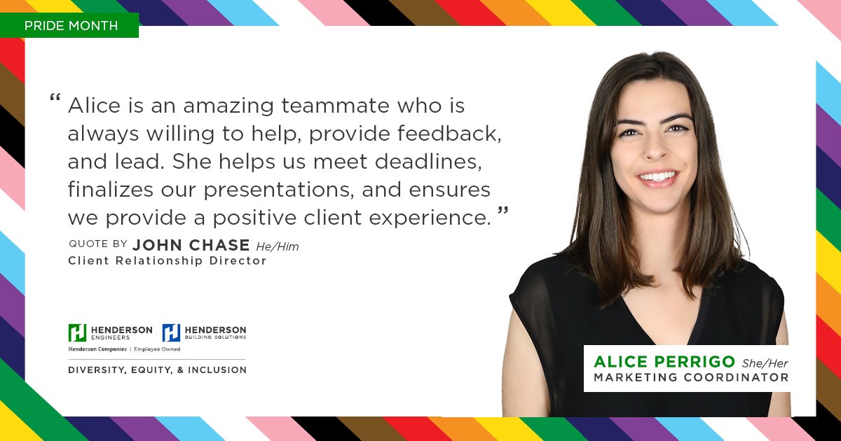 hendersonbuilds's tweet photo. Meet Alice Perrigo!  She is an integral part of our #marketing team, Alice is an amazing teammate who is always willing to help, provide feedback, & lead. Outside of her work as our marketing coordinator Alice is a champion in our LGBTQIA resource group & says that being a part of Unite means that not only would she be " tolerated or accepted" but instead her identity "would be celebrated".

#PrideMonth