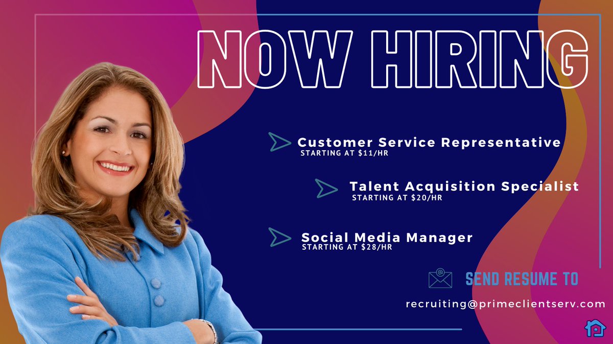 We are hiring!📢 

Looking for new career opportunities? Prime Client Services is expanding its remote team! Join us as a Customer Service Representative, Talent Acquisition Specialist, Social Media Manager. Send resume to: recruiting@primeclientserv.com. #RemoteWork #nowhiring