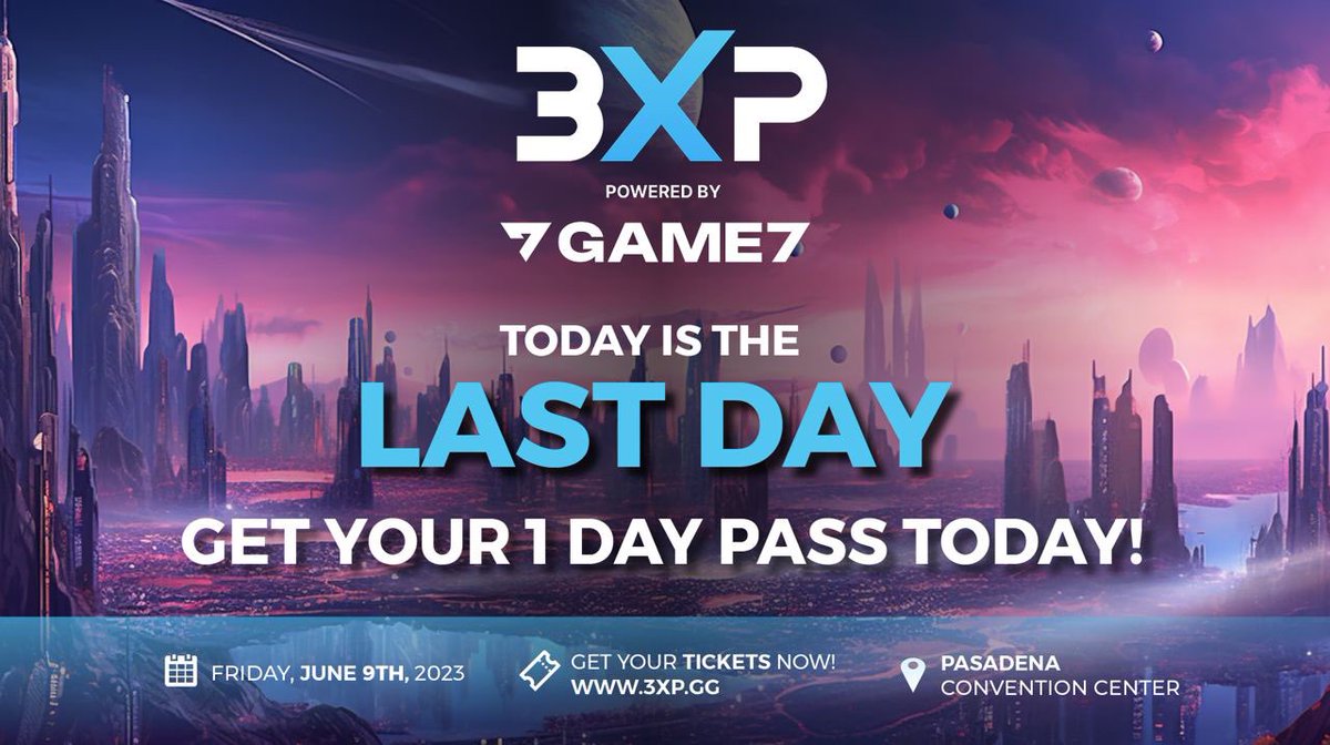 🔔TODAY IS THE LAST DAY to experience 3XP! 

1 day FRIDAY pass available on the website now 👀 see 3xp.gg 

Don’t miss out on this 3XPERIENCE to see the future of gaming! 

#3xp #3xpweb3gamingexpo #LATechWeek