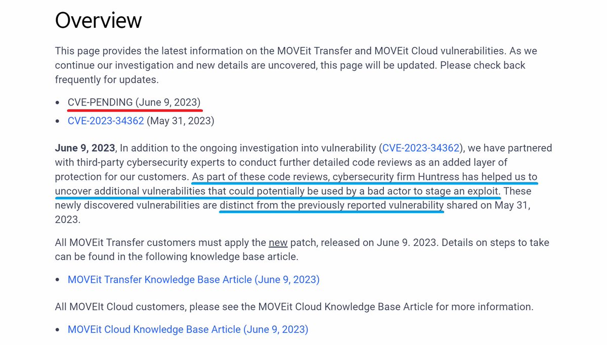 Super important update on the #MOVEit Transfer saga -- Progress has released a NEW patch for further attack vectors that we uncovered during our analysis.

To note, another CVE will be released and everyone who uses MOVEit is urged to install a new patch. progress.com/security/movei…