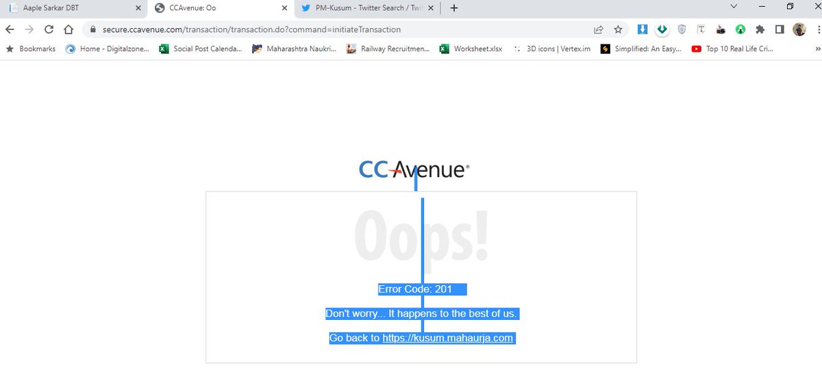 govindjs321's tweet photo. @BJP4India I am trying to apply for this but I go to the registration payment page after it's not complete showing an error every time so please fix it so the farmer can register it. #PMKUSUM_Yojana @CCAvenue 

@CCAvenue please work on the screenshot attached below. @CCAvenuePG https://t.co/HOJnYQjj6G