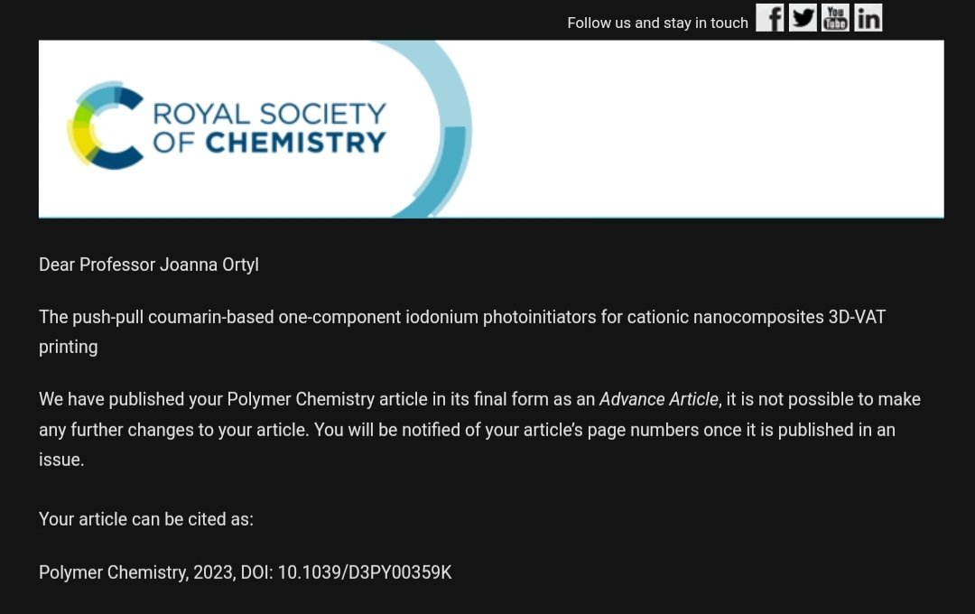 Joanna Ortyl (@joannaortyl) on Twitter photo Today it is good day💪💥🚀 #OrtylPhotoLab
Our latest article on cationic photoinitiators is now available. I invite you to read it. Thank you to the co-authors for their contributions to ra publications <a href="/FilipPetko2/">FilipPetko</a> <a href="/AndrzejSwiezy/">Andrzej Świeży</a> <a href="/PhotoHiTech/">PhotoHiTech</a>
#3dprinting <a href="/RoySocChem/">Royal Society of Chemistry</a> <a href="/PolymChem/">Polymer Chemistry</a> Today it is good day💪💥🚀 #OrtylPhotoLab
Our latest article on cationic photoinitiators is now available. I invite you to read it. Thank you to the co-authors for their contributions to ra publications <a href="/FilipPetko2/">FilipPetko</a> <a href="/AndrzejSwiezy/">Andrzej Świeży</a> <a href="/PhotoHiTech/">PhotoHiTech</a>
#3dprinting <a href="/RoySocChem/">Royal Society of Chemistry</a> <a href="/PolymChem/">Polymer Chemistry</a>