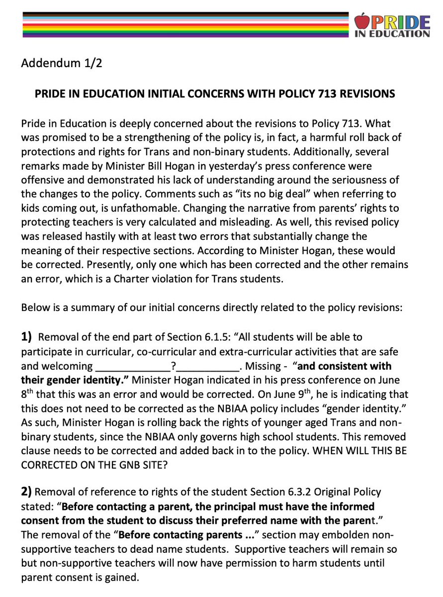 PIE_GSA's tweet photo. Although not surprised by the harmful results of the revised #Policy713, Pride in Education is disappointed &amp; stands strongly opposed to the changes to the policy that was intended to protect our most vulnerable youth in New Brunswick schools. Here is our official statement: https://t.co/egNXyC30S9