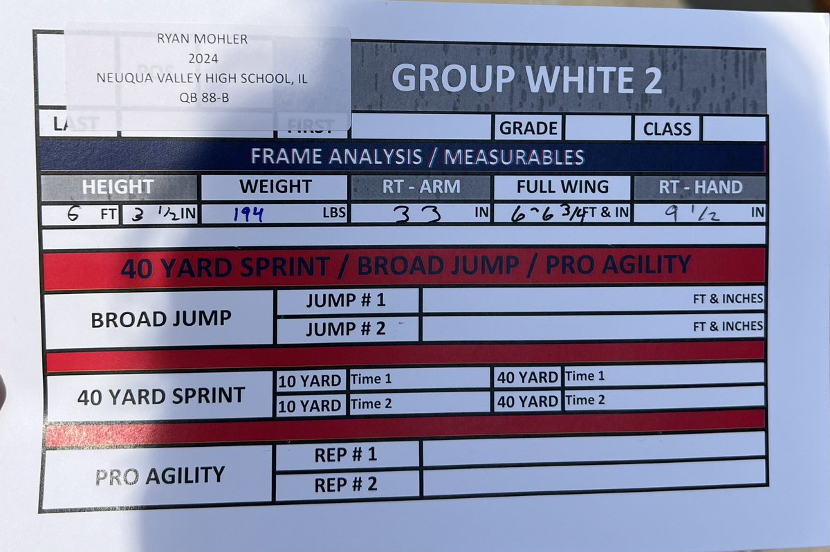 mohler_ryan's tweet photo. Here are my combine results from North Central College Day 2 and my measurements from Illinois.
40-4.61
Shuttle-4.59
Broad-9 ft 6 in
@DeepDishFB @EDGYTIM @ThrowItDeep @nexgenscouting @NVHS_Football https://t.co/YNbXU47JFC