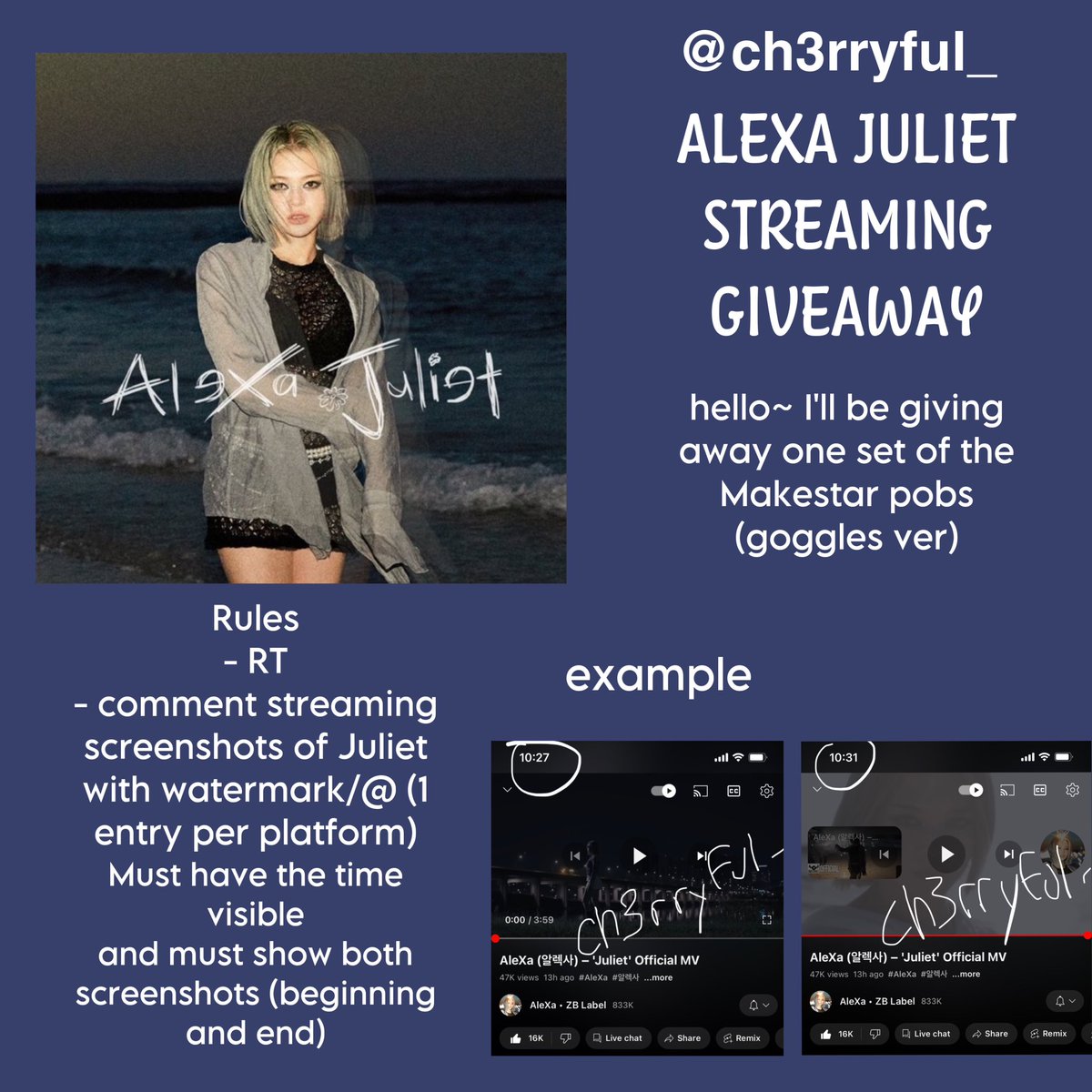 ch3rryful_'s tweet photo. 💙AleXa ❀ Juliet Streaming GA 💙

🎁 One set of Makestar POBs (Goggles Ver)

🌎 Open Worldwide

⇢ RT
⇢ comment streaming screenshots of Juliet with watermark/@ (1 entry per streaming platform) 

💌 Ends at 9pm MST June 9th

#AleXaJuliet #AleXaJuliet_MV @AleXaZB #AleXa #알렉사 https://t.co/MrkhpLbLTb