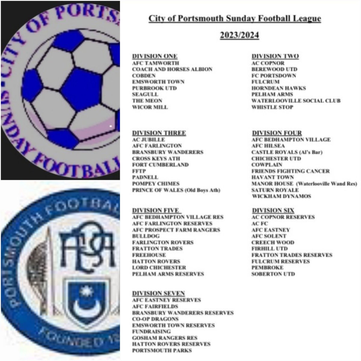 ⚽️  2023/24  ⚽️<a href="/the_portsmouth/">The City Of Portsmouth sunday League</a> 

The proposed #divisions for the upcoming season have been released 👏

D1: la crème de la crème
D2: solid
D3: tough
D4: intriguing
D5: loyal
D6: refreshed
D7: reserved

.. have a great season #All 👍
