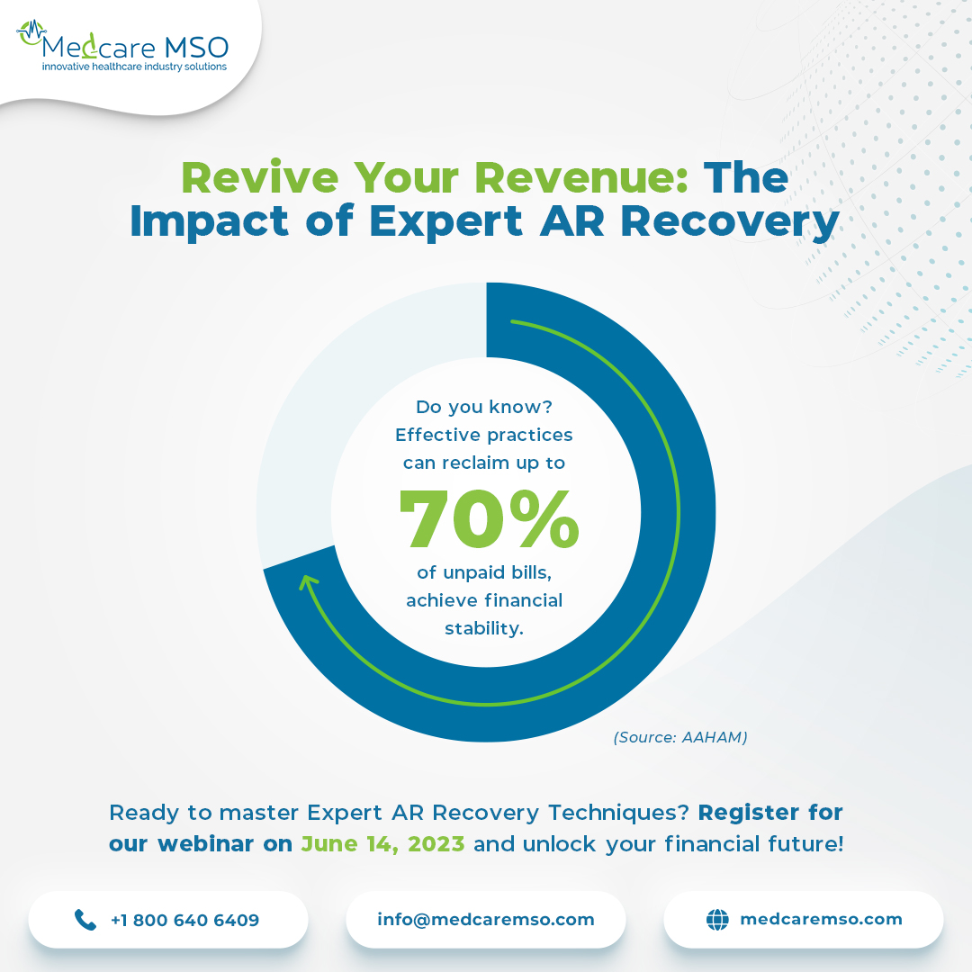 Join our upcoming webinar on June 14th to master the techniques and strategies of AR Recovery and revive your revenue! Don't miss this opportunity to optimize your revenue cycle management.

Register now to secure your spot:  medcaremso.com/webinar/