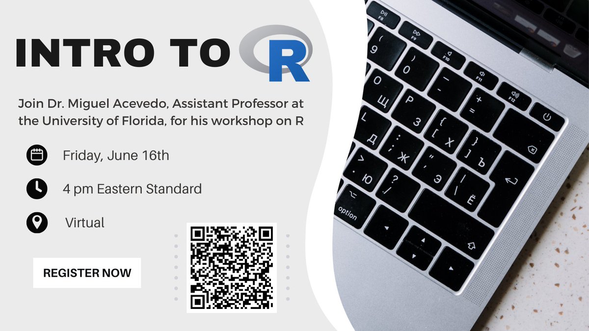 Our first Summer Skill-Building Series Workshop is coming up!

Join us for an introductory R crash course taught by Assistant Professor, Dr. Miguel Acevedo, from @UF 

Use our link or QR code to register now as it is open to everyone🤍 
 
eventbrite.com/e/introduction…