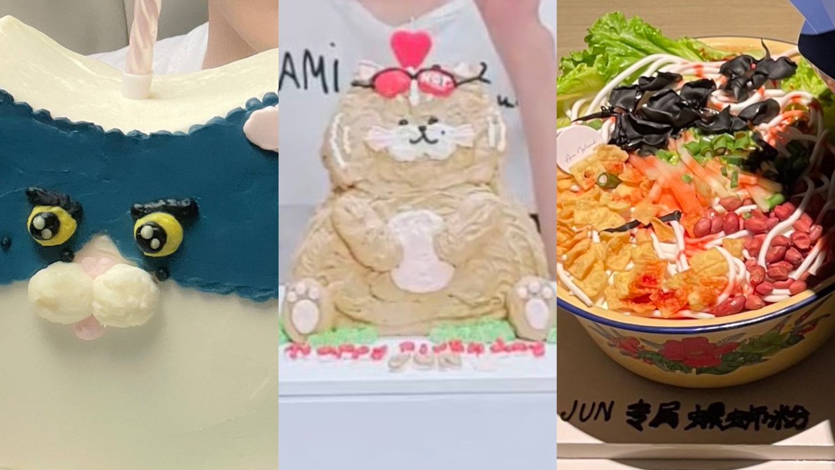 junhui’s cakes throughout the years have always been so representative of him and the stuff he loves 😭 two cats and luosifen soup!! 🫶