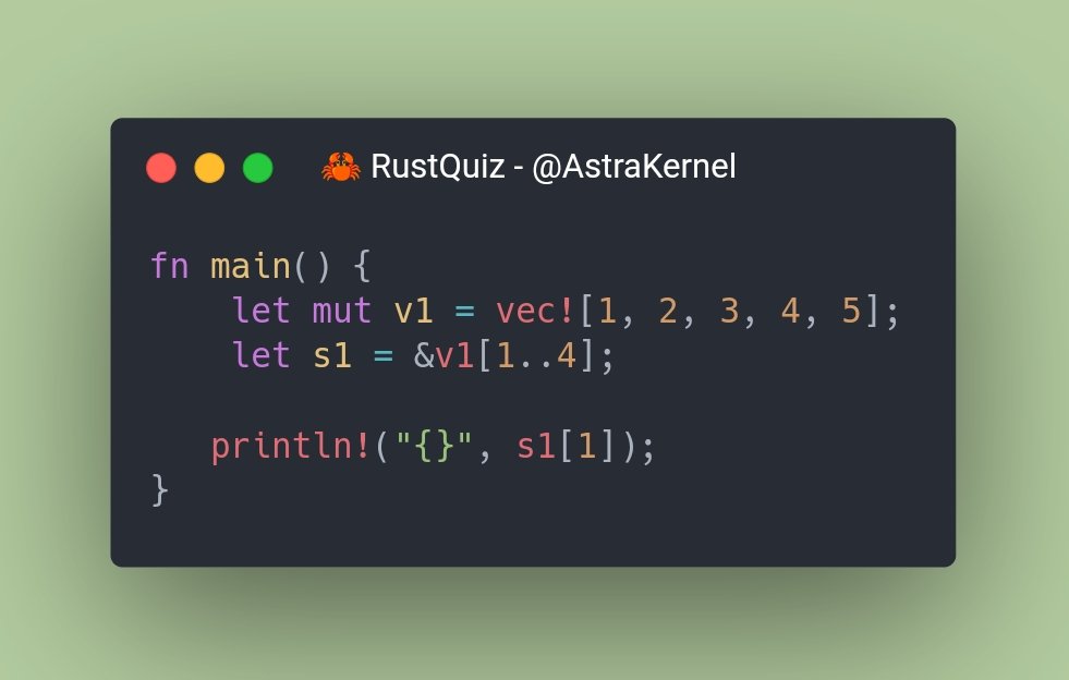 🦀 #RustQuiz for beginners

What's the output?

A. 1
B. 2
C. 3
D. error

#crablang #rustlang #rust #programming