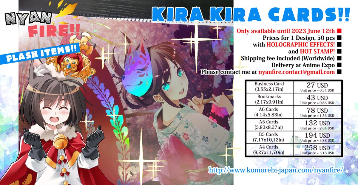 nyanfireJP's tweet photo. *FLASH ITEMS* for Kira Kira Cards (Holographic effects + Hot stamping Gold)
Deadline is June 11th
Delivery at your table at AX! https://t.co/cWVbX7aW30