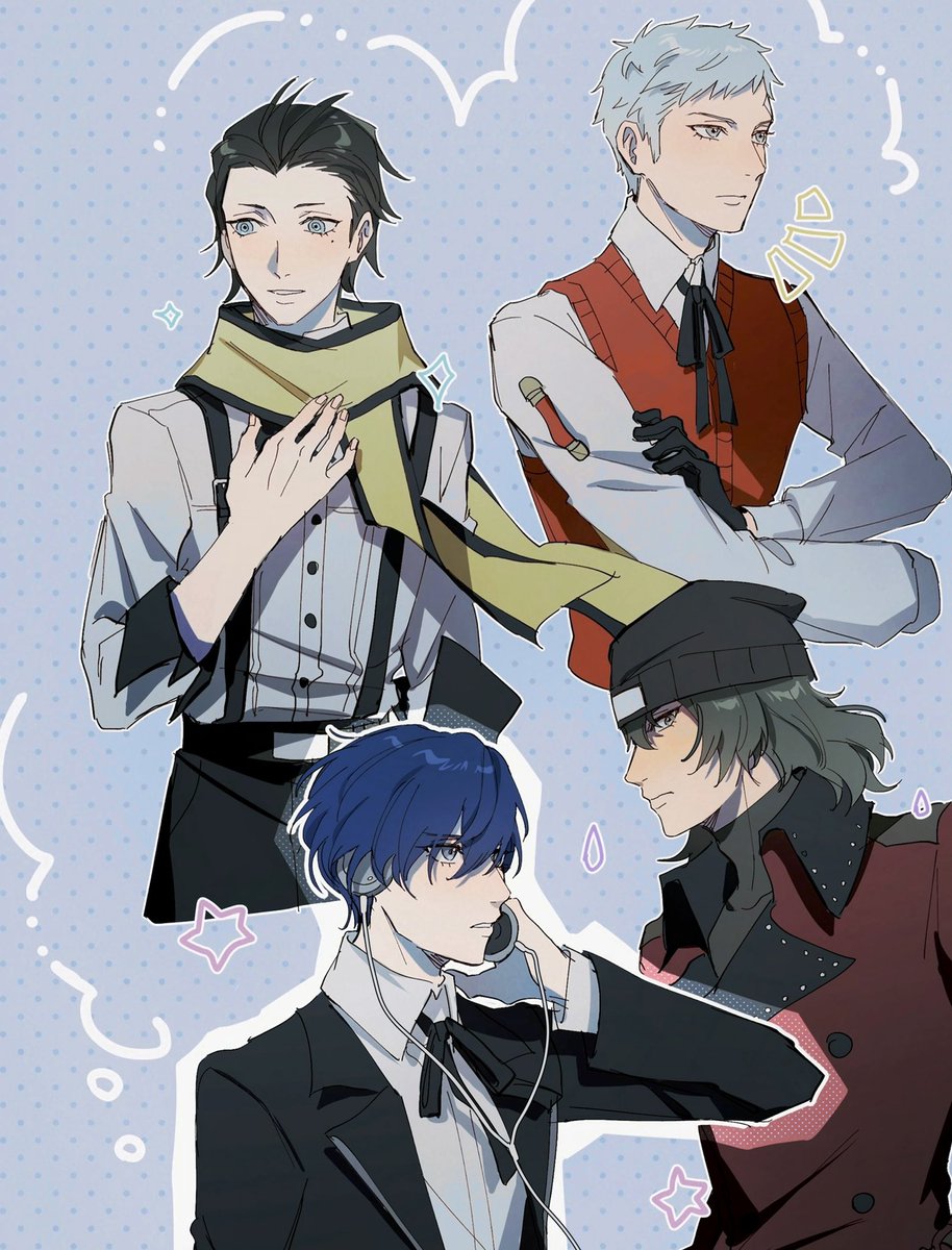 yuuki makoto gekkoukan high school uniform multiple boys suspenders beanie blue hair male focus hat  illustration images