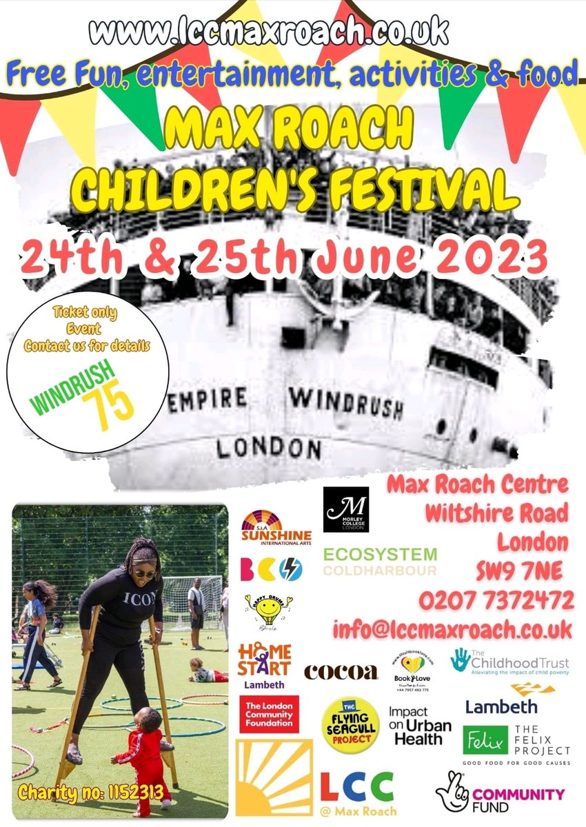 Community partners are joining us over the weekend of 24th and 25th June to ensure children and their families have an epic time. Interesting in joining in the fun?  There's still time, contact us:  info@lccmaxroach.co.uk 
#communitymagic #windrush75