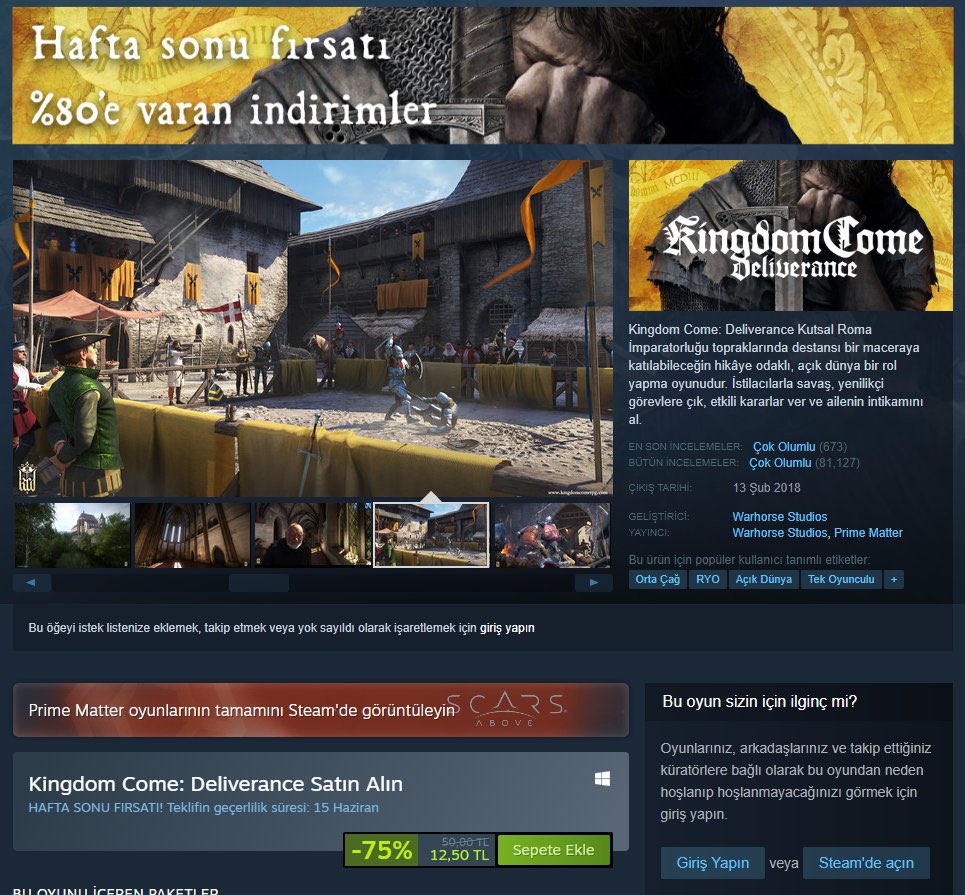 🚨 Açık dünya orta çağ rol yapma oyunu Kingdom Come: Deliverance %75 indirimle birlikte 12.50 TL'ye denk geliyor. 

Bu fiyata böyle kaliteli bir oyun bulamazsınız. Rol yapma oyunlarını seviyorsanız bu fırsatı sakın kaçırmayın! 

Oyunda Türkçe Dil desteği de bulunuyor. 🇹🇷