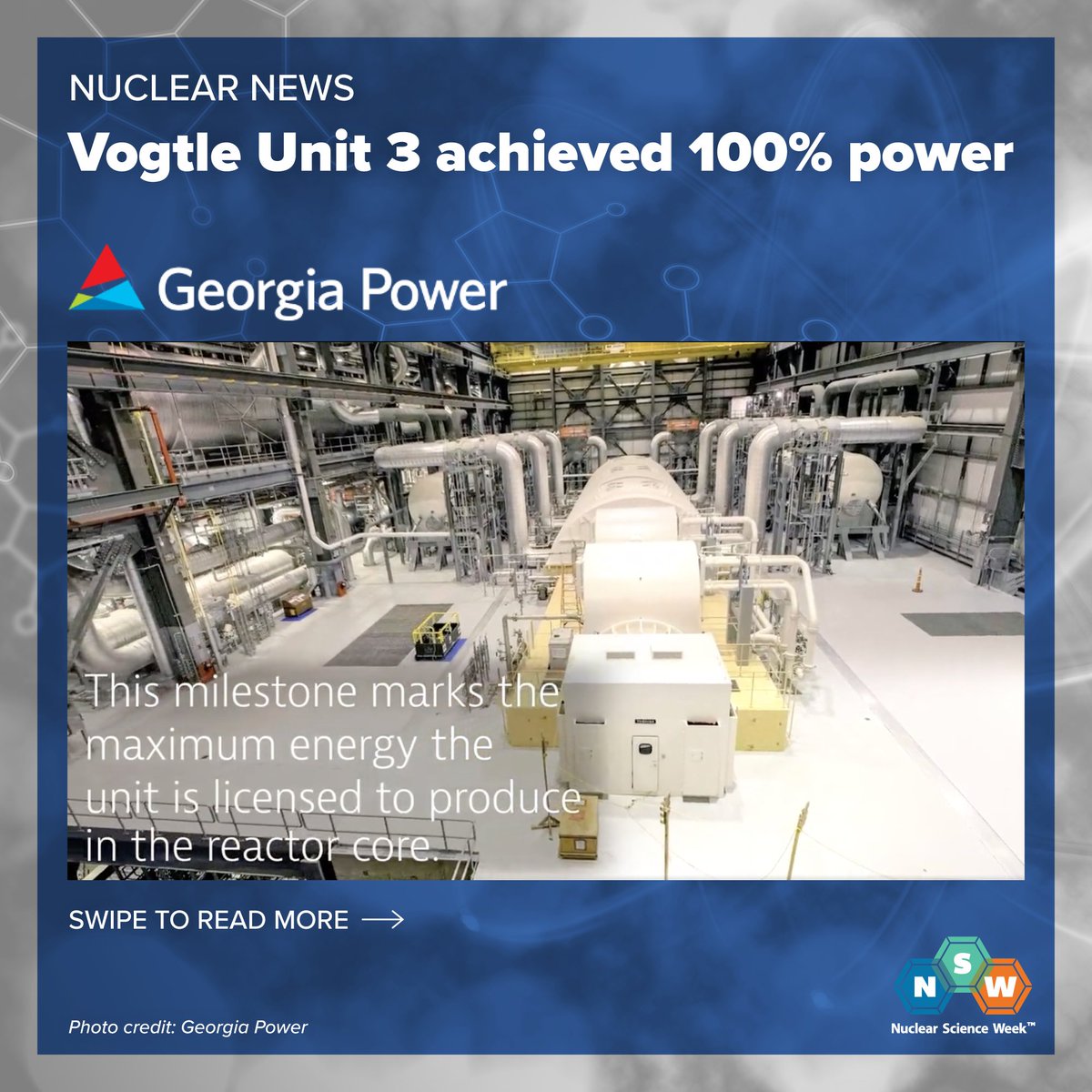 nuclearsciweek's tweet photo. 🎉 EXCITING #NuclearNews! ⚛️
@GeorgiaPower: "#VogtleUnit3 just achieved 100% power for the FIRST TIME! 🎉The final series of testing remains before Vogtle becomes the first newly constructed #nuclear unit in the U.S. to enter service in over 30 years!" #NuclearEnergy #CleanEnergy https://t.co/2tM6Eq8GVy