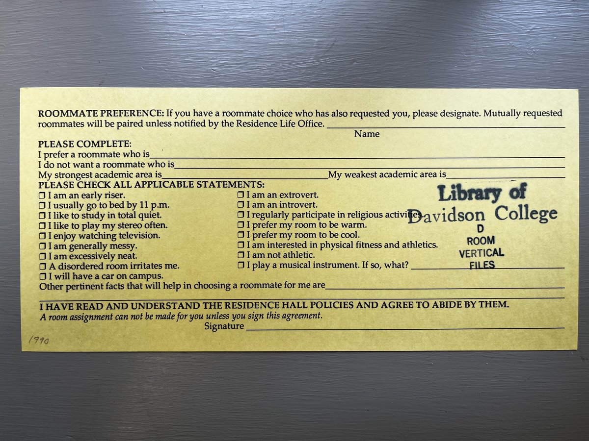 If you were an incoming Davidson student 30 years ago, you might recognize these! Before school started, you'd have to fill out a Housing Preference Card to be assigned a roommate. Applicable statements included, 'I am an early riser' and 'I like to play my stereo often.'