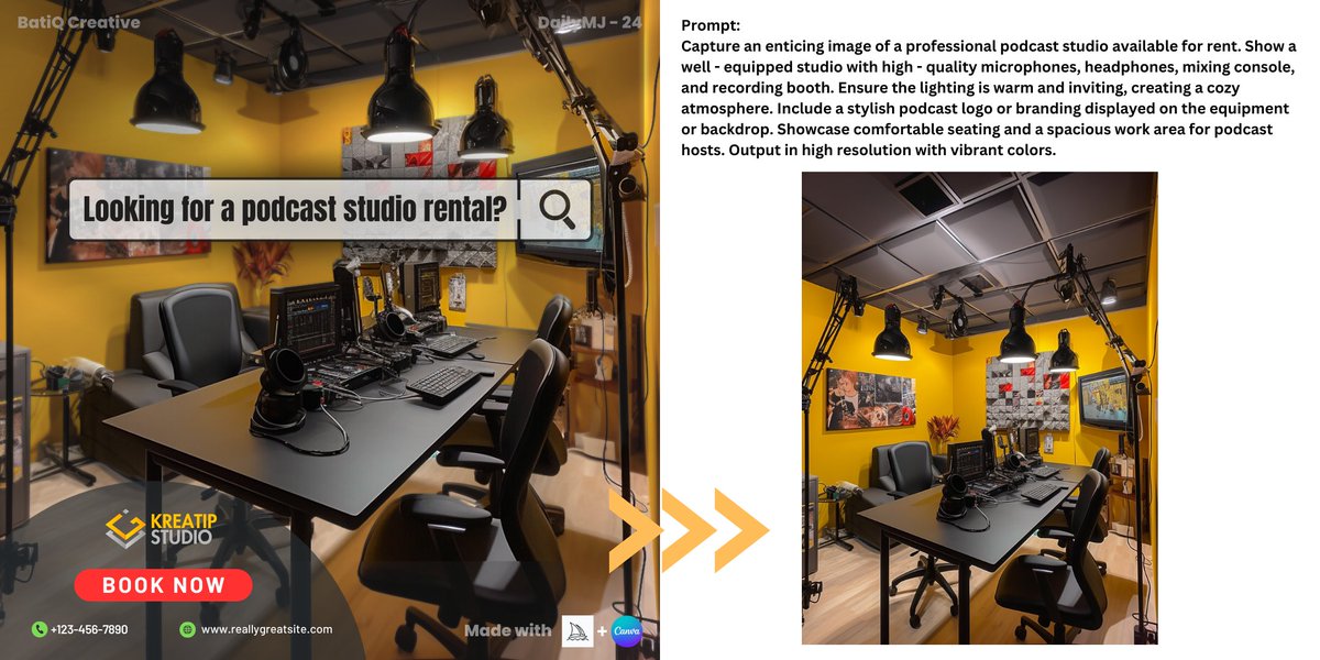 creative_batik's tweet photo. Post 24: Live Stream Studio Rental.

Dah onlinekan business belum? Dah buat live sehari 5 kali? Tak kan maju kalau tak onlinekan business sekarang ni. Tak ada studio tak apa, boleh sewa je sekarang, senang.

#MidjourneyAI #AI #graphicdesigner #dailyMJ #canva #dailychallenge https://t.co/rXZ9TsT14s