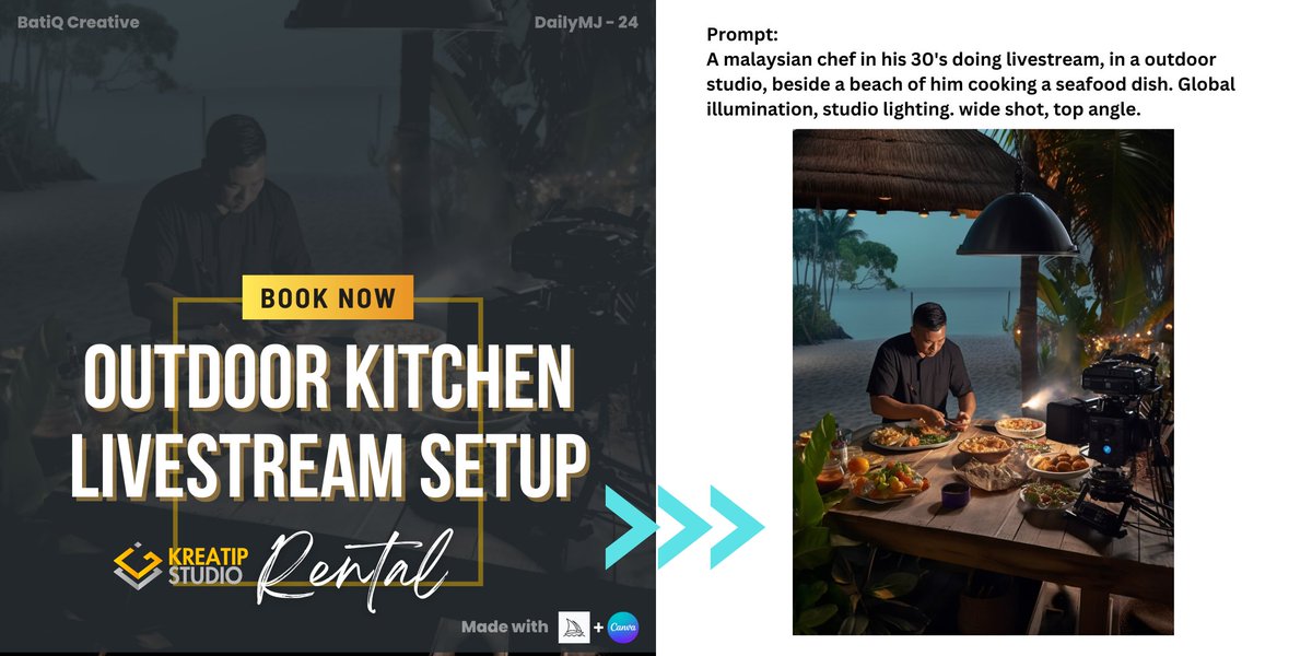 creative_batik's tweet photo. Post 24: Live Stream Studio Rental.

Dah onlinekan business belum? Dah buat live sehari 5 kali? Tak kan maju kalau tak onlinekan business sekarang ni. Tak ada studio tak apa, boleh sewa je sekarang, senang.

#MidjourneyAI #AI #graphicdesigner #dailyMJ #canva #dailychallenge https://t.co/rXZ9TsT14s