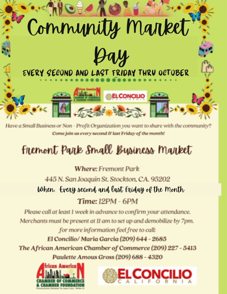 Now, every second and last Friday of the month thru October, head to Fremont Park for Community Market Day. Today's event starts at 12:00 PM. Community Market Day is brought to you by the African American Chamber of Commerce and El Concilio. 

#stocktonca #community #event