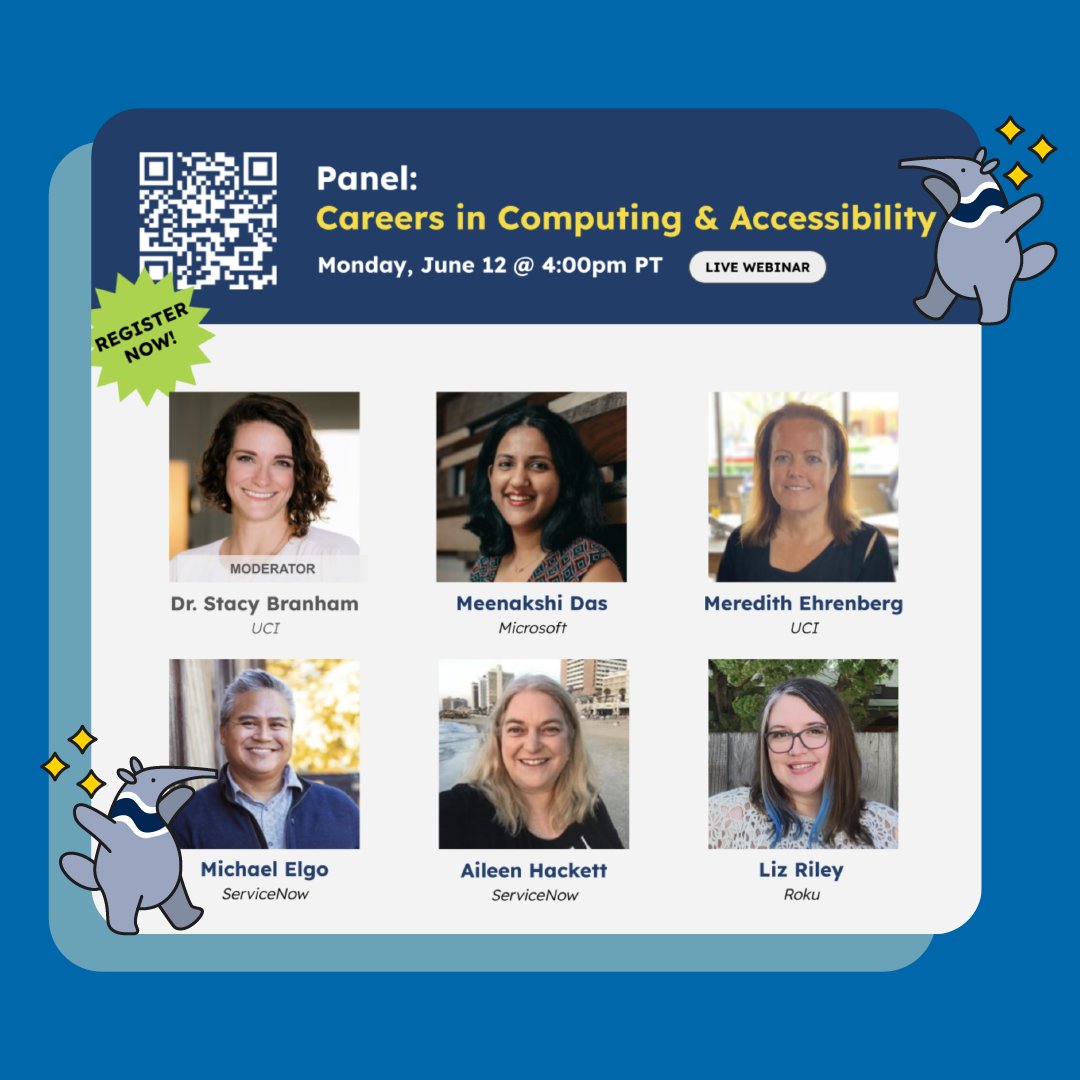 On Mon, June 12 from 4:00 to 5:30pm, attend the virtual panel “Careers in Computing and Accessibility.” Hosted by @UCI_Informatics @UCICareer @AccessCompUW & @teachaccess @UCIrvine undergrads can register here: tinyurl.com/career-panel-s…