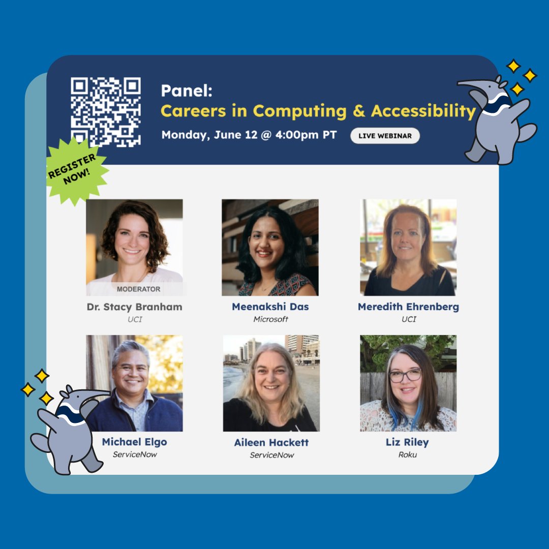On Mon, June 12 from 4:00 to 5:30pm, attend the virtual panel “Careers in Computing and Accessibility.” Hosted by <a href="/UCI_Informatics/">UCI Informatics</a> <a href="/UCICareer/">UCI Division of Career Pathways</a>  <a href="/AccessCompUW/">AccessComputing</a> &amp; @teachaccess 

<a href="/UCIrvine/">UC Irvine</a> undergrads can register here: tinyurl.com/career-panel-s…