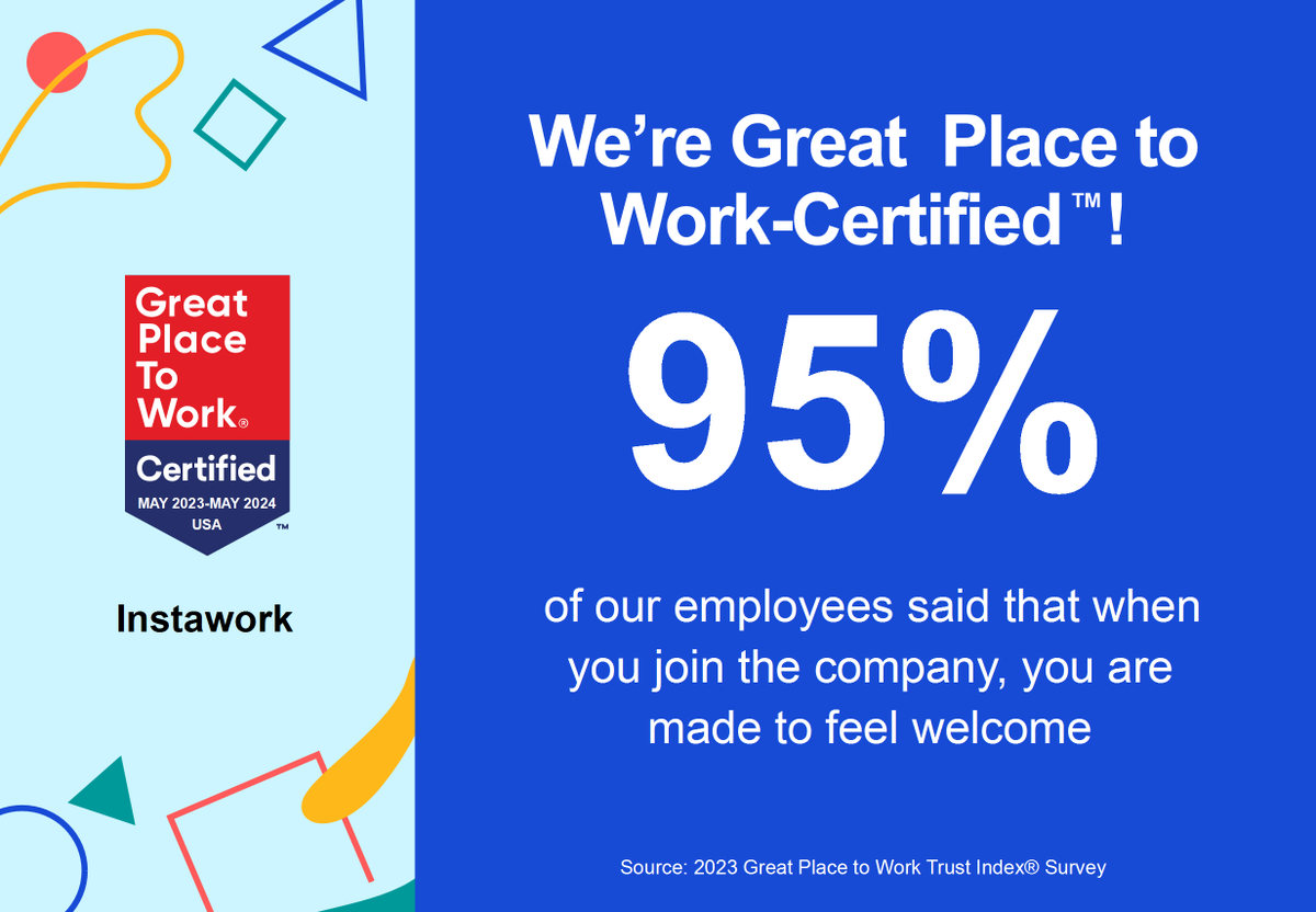 instawork's tweet image. #Instawork is proud to be a Great Place to Work-Certified™ company again this year! #GPTWcertified

95% of our team members say new employees feel welcome when they come on board.

If you’re interested in joining the team, visit our Careers page: info.instawork.com/careers