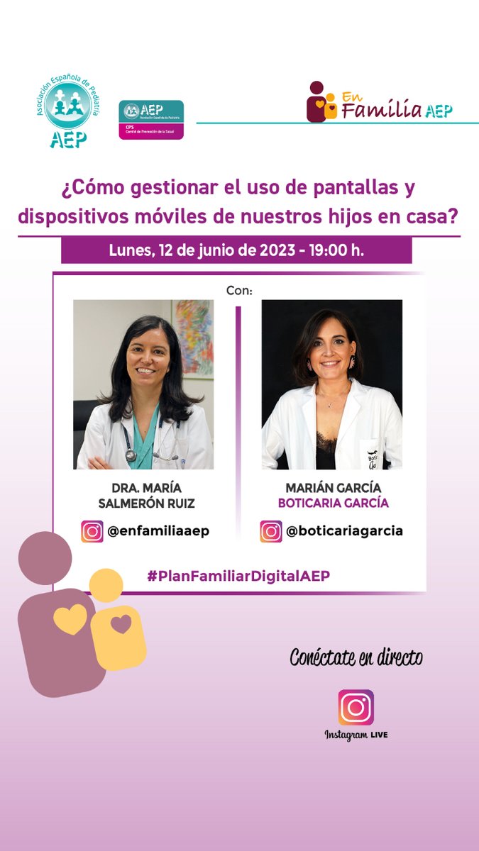AEP (@aepediatria) on Twitter photo Nuevo directo en IG @enfamiliaaep!! Abordamos un tema fundamental "¿Como gestionar el uso de pantallas y dispositivos móviles en nuestros hijos en casa?". Con Maria Samerón Ruiz y <a href="/boticariagarcia/">Marián García</a>
🗓️12 junio
⏱️ 19:00 h
#PlanFamiliarDigitalAEP Nuevo directo en IG @enfamiliaaep!! Abordamos un tema fundamental "¿Como gestionar el uso de pantallas y dispositivos móviles en nuestros hijos en casa?". Con Maria Samerón Ruiz y <a href="/boticariagarcia/">Marián García</a>
🗓️12 junio
⏱️ 19:00 h
#PlanFamiliarDigitalAEP