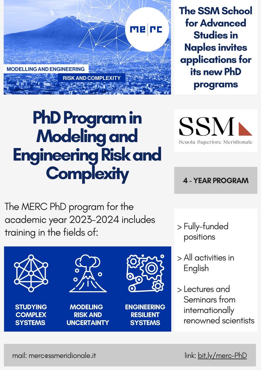 Interested in studying complex systems, understand how to manage and mitigate risks and cascade effects? Join our PhD in Modeling and Engineering Risk and Complexity in Naples, Italy 

👉 bit.ly/merc-PhD

Apply by 25th August 2023:
ssmeridionale.it/en-us/la-scuol… 

Please RT